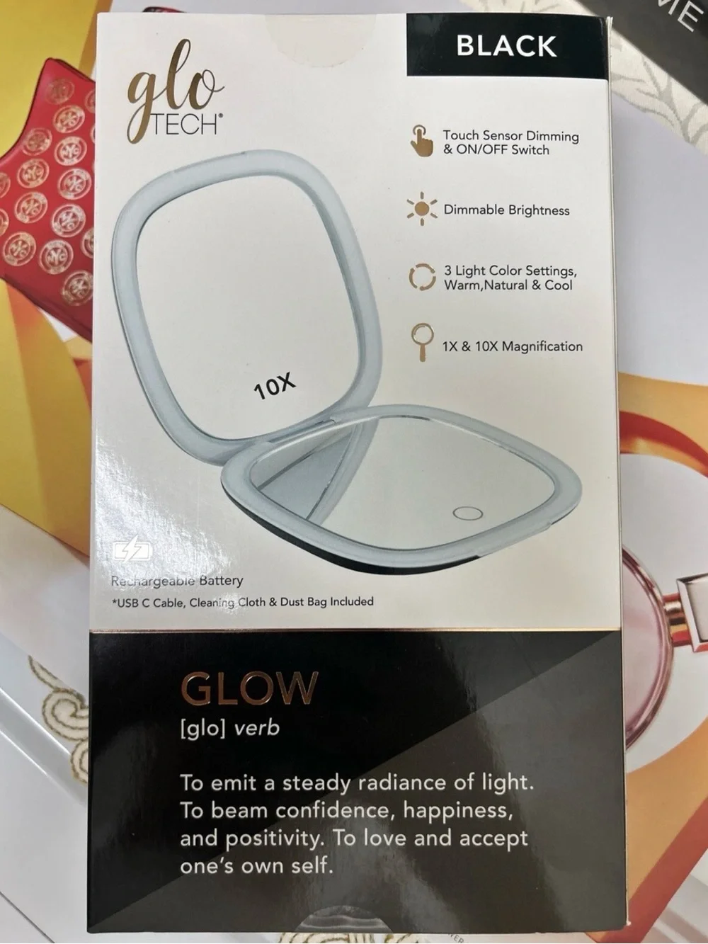 GloTech LED Compact Makeup Mirror 1x & 10x Magnification - Choose Black or White